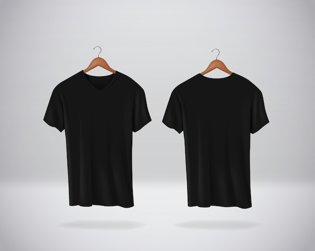 Vector black tshirts mockup clothes with v neck hanging isolated on wall blank front and rear side view