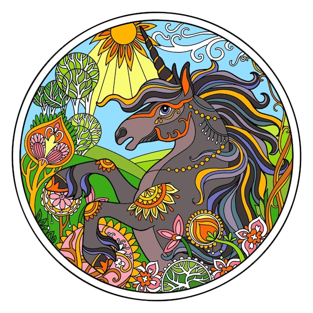 Black unicorn round color vector isolated illustration