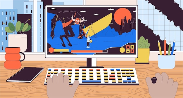 Black user playing computer game 2D linear illustration concept