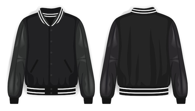 Black varsity jacket front and back view vector mockup illustration