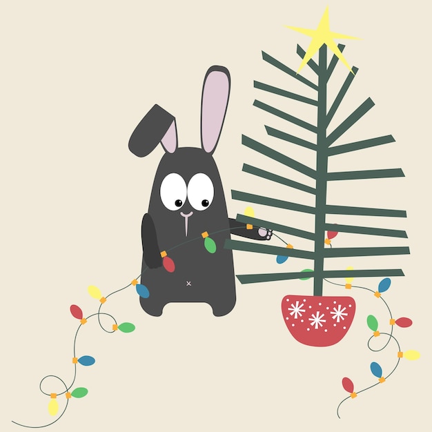 A black water rabbit decorates a Christmas tree with a garland. Symbol of 2023 Chinese calendar