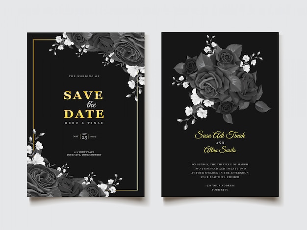 black watercolor floral invitation theme