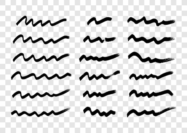 Black wavy grunge brush strokes Big set of painted ink stripes Ink spot isolated on transparent background Vector illustration