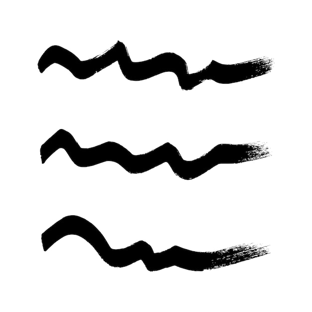 Black wavy grunge brush strokes Set of three painted ink stripes Ink spot isolated on white background Vector illustration