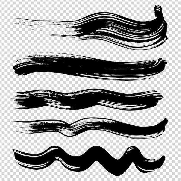 Vector black wavy thick brush textured strokes on imitation transparent background