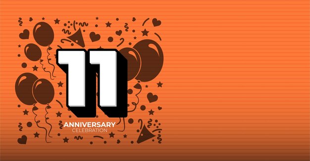 Vector black and white 11 year anniversary or birthday vector banner with customizable orange copy space