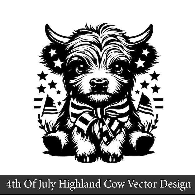 Vector black and white 4th of july highland cow vector design