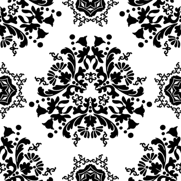 Black and white abstraction with a floral pattern on a white background. Seamless vintage pattern.