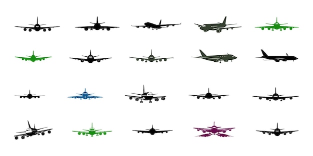 Vector black and white aircraft icons large collection of airplane silhouettes