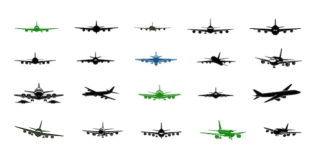 Vector black and white aircraft icons large collection of airplane silhouettes