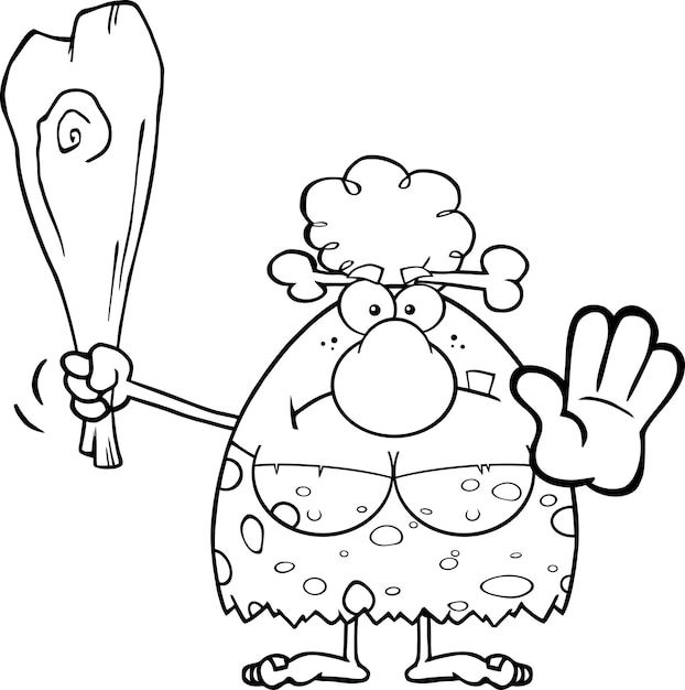 Black And White Angry Cave Woman Cartoon Mascot Character Gesturing And Standing With A Club