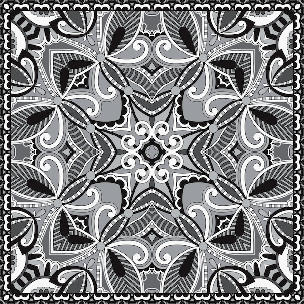 Black and white authentic silk neck scarf or kerchief square pattern design in ukrainian style