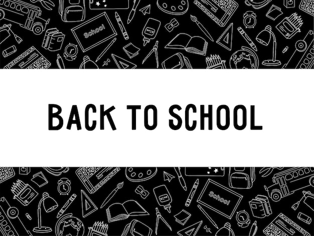 Black and white back to school banner made of doodle elements. School banner for students