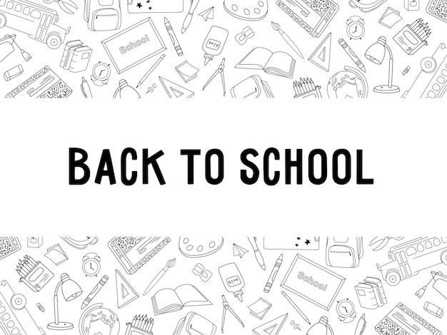 Black and white back to school banner made of doodle elements.