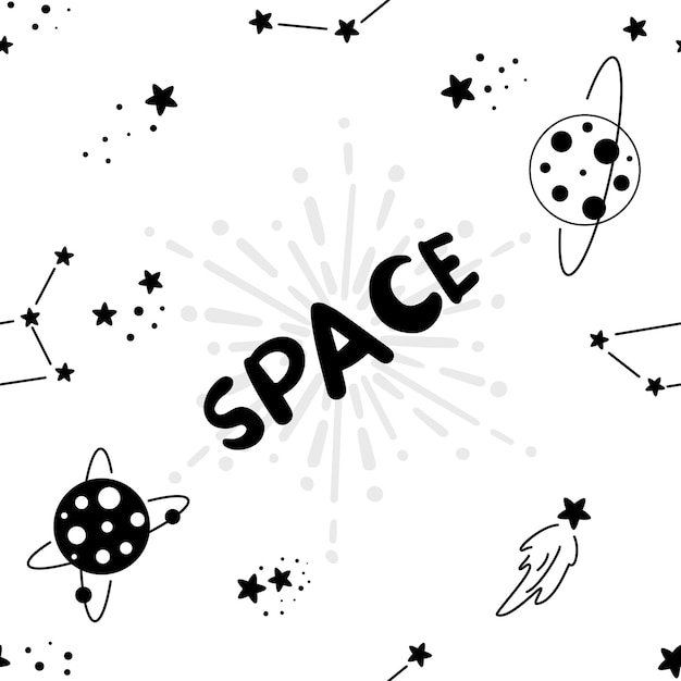 A black and white background with space and stars and the word space