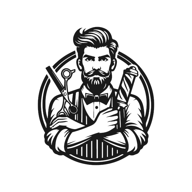 black and white barber mascot logo vector