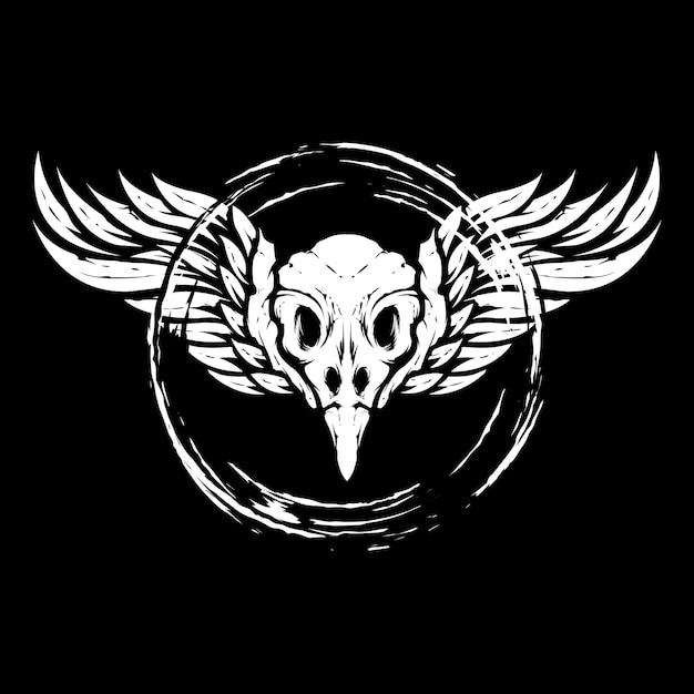 Black and white bird head skull with wings inside circle abstract illustration logo design