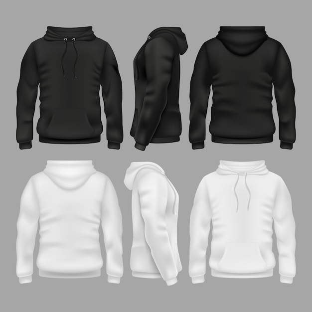 Black and white blank sweatshirt hoodie vector templates. Illustration of sweatshirt with hoodie