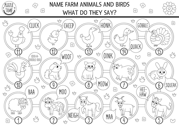 Black and white board game for children with farm animals birds and their sounds Countryside line boardgame Rural country activity or coloring page Name the animals say moo baa oinkxA