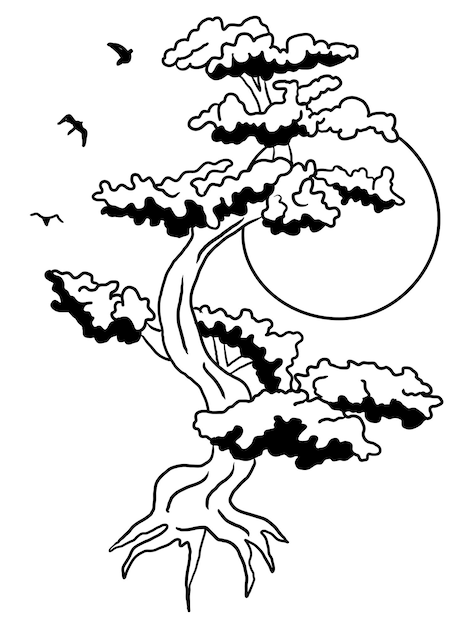 Vector black and white bonsai tree illustration