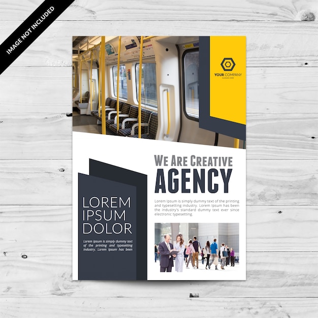 Black and white business brochure with yellow details