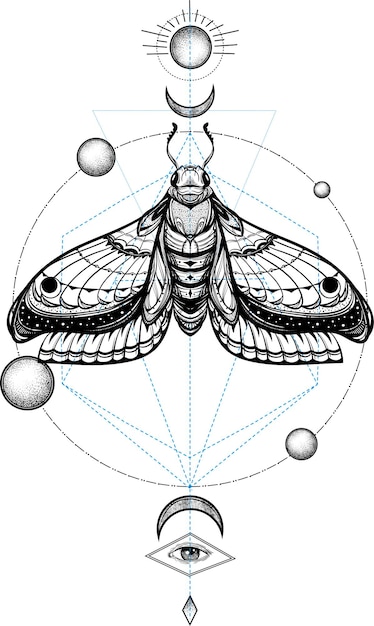 Black and white butterfly on sacred geometry vector illustration