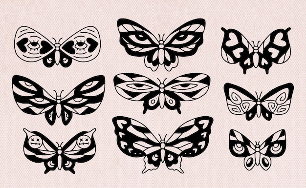 Black and white butterfly set of the seventh seventh style of wavy lines and organic shapes yk