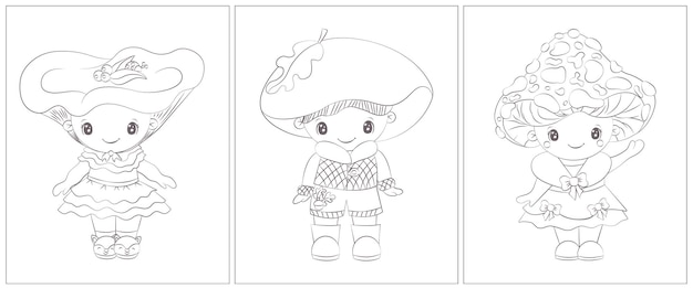 Black and white cartoon characters mushroom. Set of three pages for a coloring book.