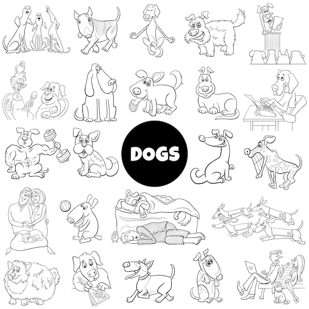 Black and white cartoon dogs comic characters big set