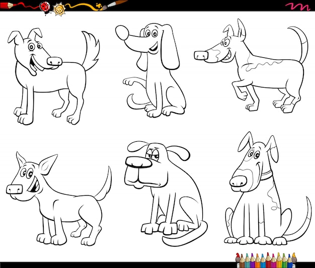 Vector black and white cartoon illustration of funny dogs and puppies comic animal characters set coloring book page