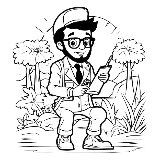 Black and White Cartoon Illustration of a Gardener or Gardener Holding a Laptop or Smartphone