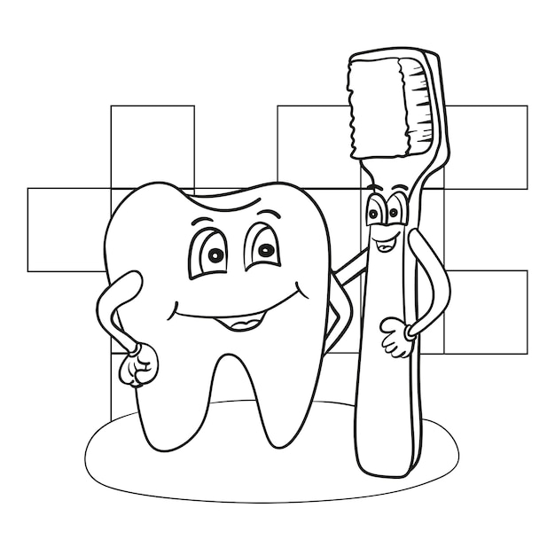 Black and White Cartoon Illustration of Happy Tooth Character with Toothbrush Coloring Book