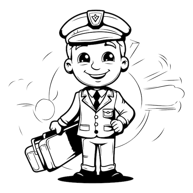 Black and White Cartoon Illustration of Little Boy Pilot Character with Suitcase for Coloring Book