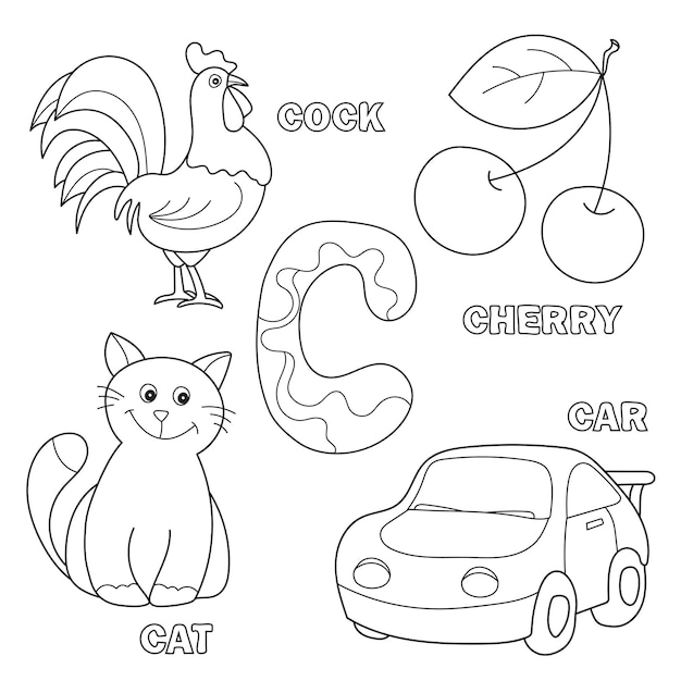 Black and White Cartoon Illustration of Writing Skills Practice Workbook with Letter C for Preschool and Elementary Age Children Coloring Book - cat, cherry, car, cock