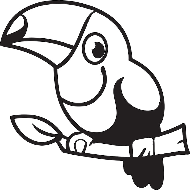 A black and white cartoon of a toucan sitting on a branch.