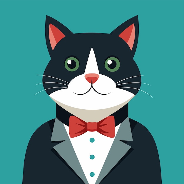 Vector a black and white cat dressed in a tuxedo complete with a bowtie and cufflinks looking sleek and stylish a tuxedo cat with a bowtie and cufflinks simple and minimalist flat vector illustration