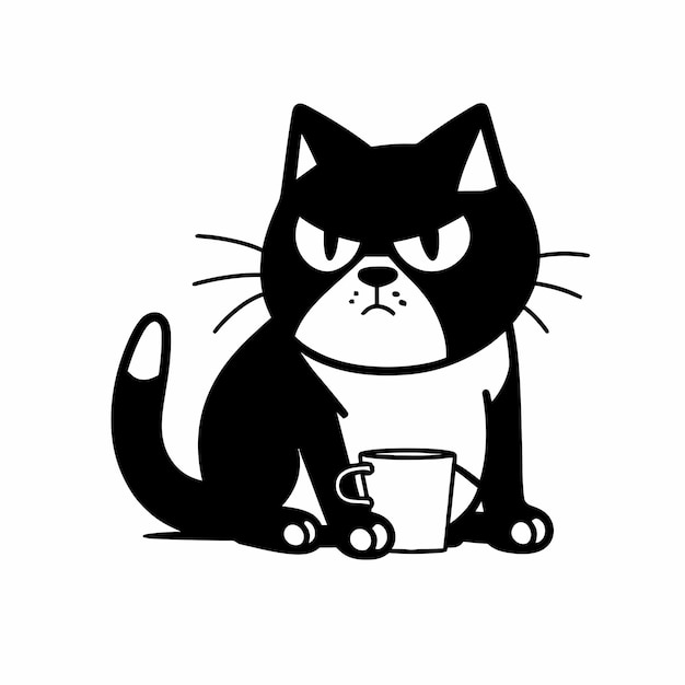 A black and white cat with a mug of coffee in it.