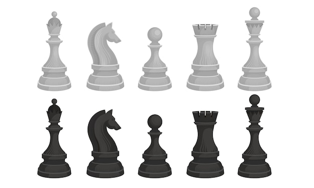 Vector black and white chess figures collection chess pieces queen king knight bishop rook vector illustration on white background