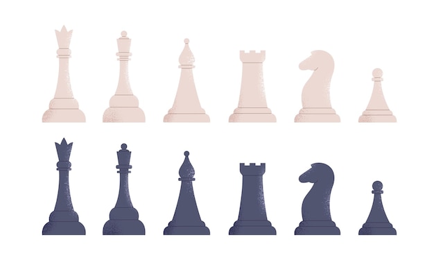 Black and white chess pieces set. Rows of queen, king, bishop, rook, horse and pawn from different teams. Modern figures of boardgame. Chessmen of chessboard. Isolated flat vector illustrations.