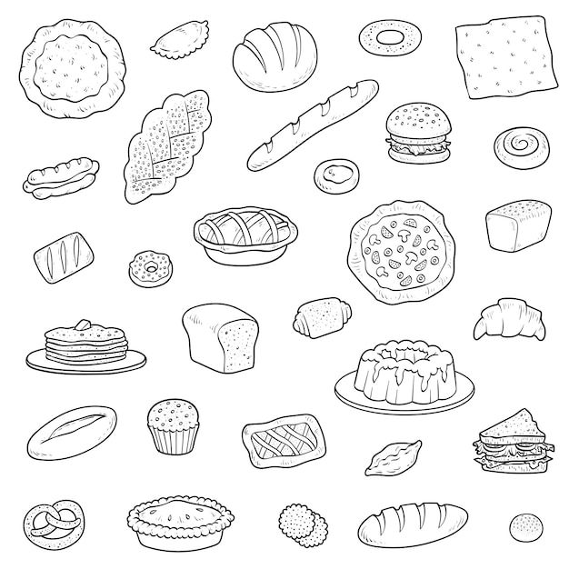 Black and white collection about bread bakery products. Vector set of cartoon pastry and baked goods