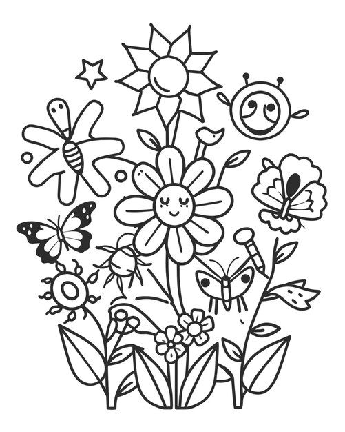 Vector black and white coloring book with cute flowers clear clean lines various flowers abstract