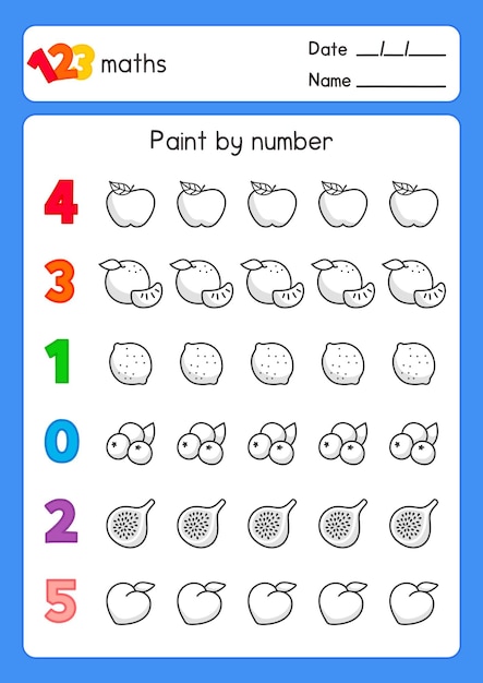 black and white coloring fruits outline about count numbers in maths subject exercises sheet kawaii