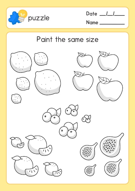 black and white coloring fruits outline about same size in maths subject exercises sheet kawaii