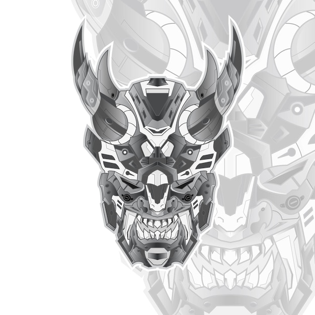 Black and white coloring mecha Cyberpunk japanese oni mask vector