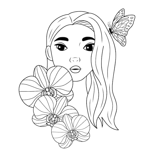 Black and white coloring page with beauty woman portrait