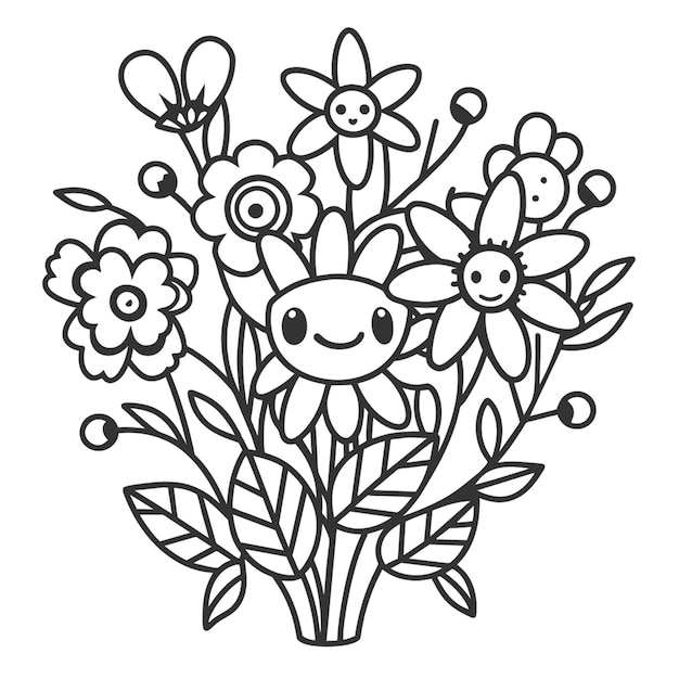 Vector black and white coloring with cute flowers clear clean lines vector illustration