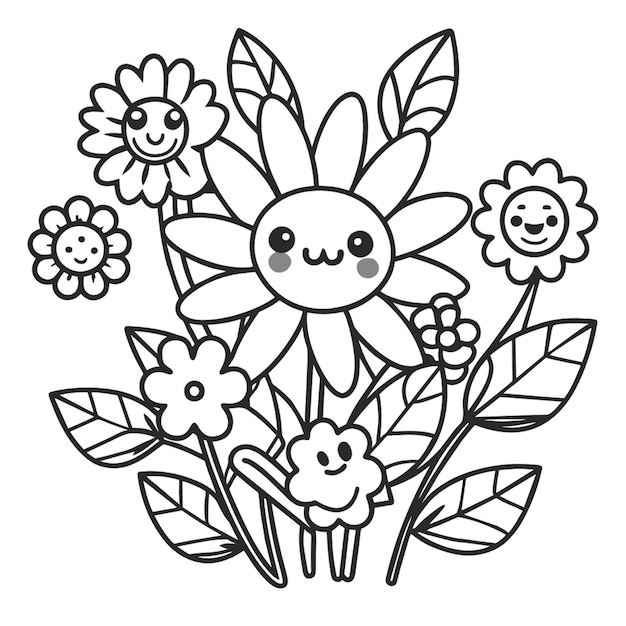 Vector black and white coloring with cute flowers clear clean lines vector illustration