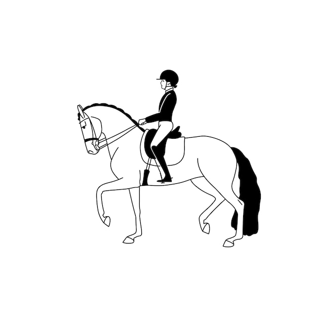 Black and white concise image of a dressage rider on a horse