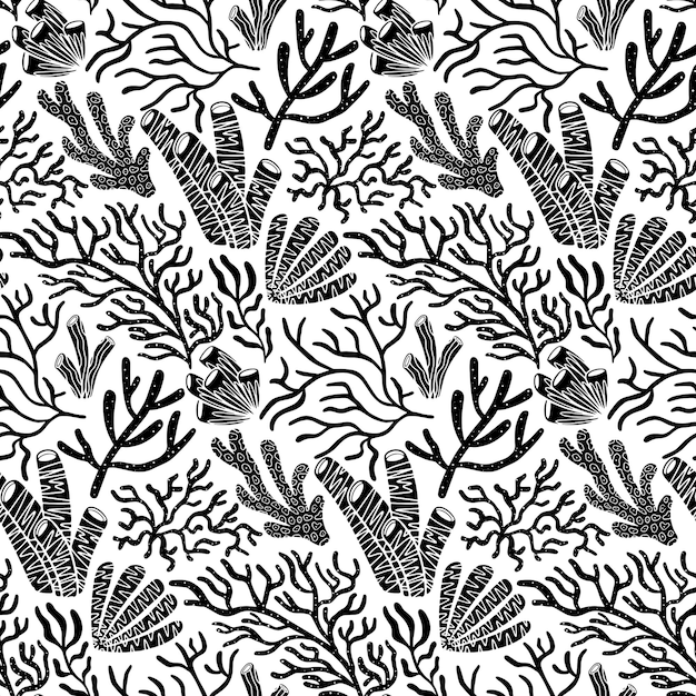 Black and White Coral Vector Seamless Pattern