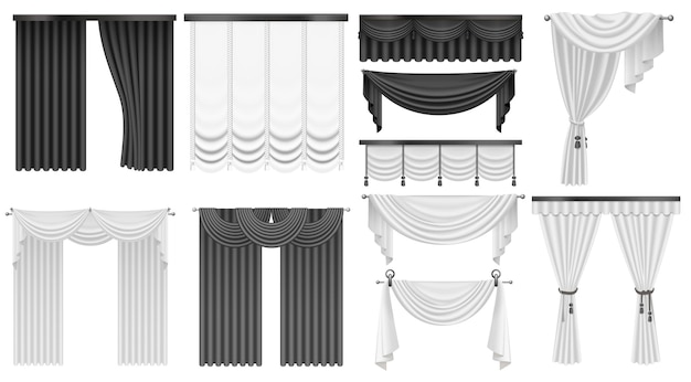 Vector black and white curtains set 3d open and closed silk velvet or satin curtains drape